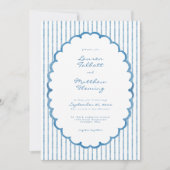 Whimsical Blue White Watercolor Stripe Wedding 招待状 (正面)