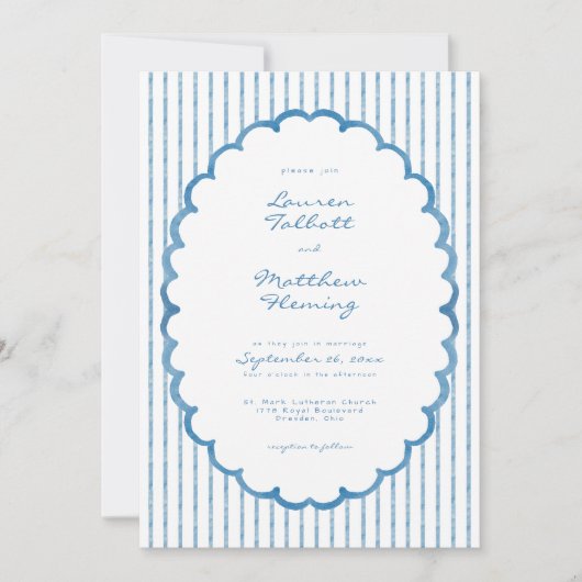 Whimsical Blue White Watercolor Stripe Wedding 招待状 (正面)