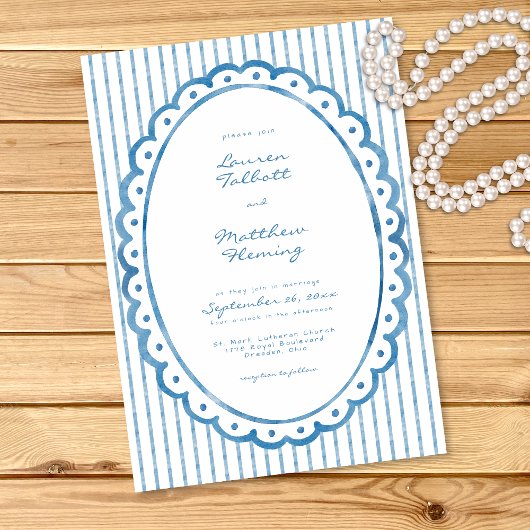 Whimsical Blue White Watercolor Stripe Wedding 招待状