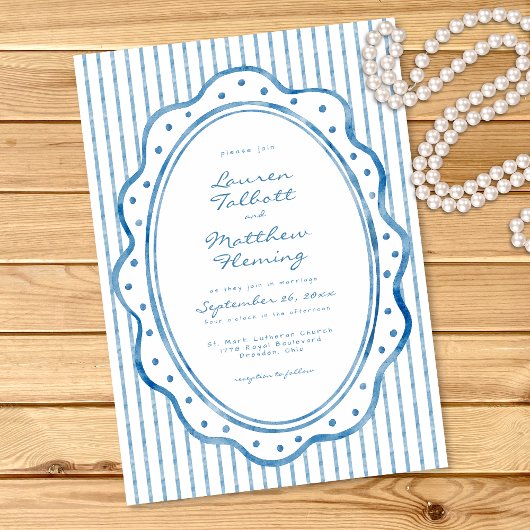 Whimsical Blue White Watercolor Stripe Wedding 招待状