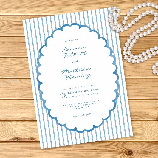 Whimsical Blue White Watercolor Stripe Wedding 招待状