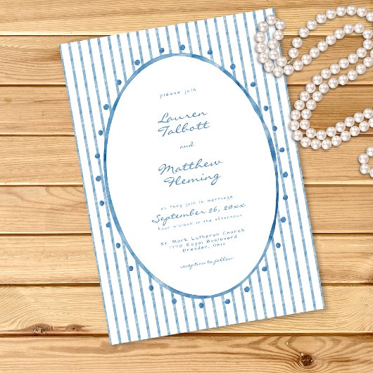 Whimsical Blue White Watercolor Stripe Wedding 招待状