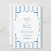 Whimsical Blue White Watercolor Stripe Wedding 招待状 (正面)