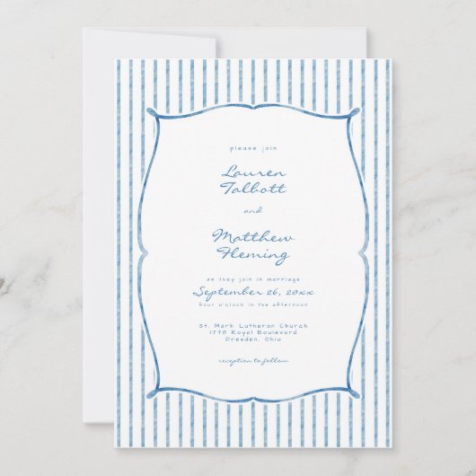 Whimsical Blue White Watercolor Stripe Wedding 招待状 (正面)