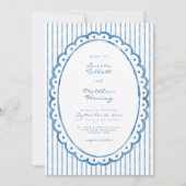 Whimsical Blue White Watercolor Stripe Wedding 招待状 (正面)