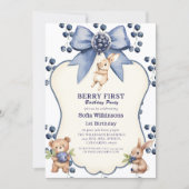 Whimsical Blueberry Bunny Bear First Birthday 招待状 (正面)