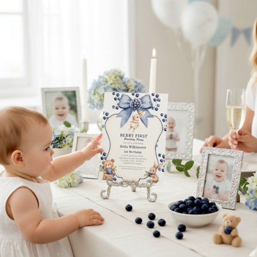 Whimsical Blueberry Bunny Bear First Birthday 招待状