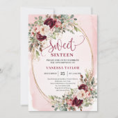 Whimsical Blush Burgundy Roses Sweet Sixteen Card 招待状 (正面)