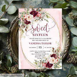 Whimsical Blush Burgundy Roses Sweet Sixteen Card 招待状
