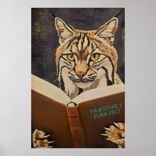 Whimsical Bobcat Reading Book Art Print - Literary ポスター (正面)