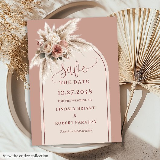 Whimsical Boho Arch Dusty Pink Floral Save Date 招待状