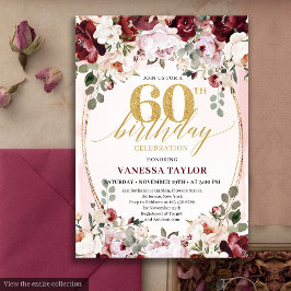 Whimsical Boho Burgundy Floral 60th Birthday Card 招待状