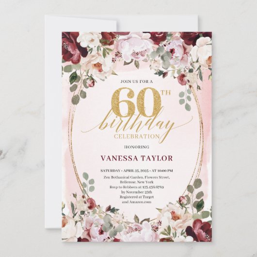 Whimsical Boho Burgundy Floral 60th Birthday Card 招待状 (正面)