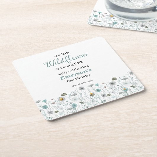 Whimsical Boho Color Wildflower 1st Birthday Party スクエアペーパーコースター (アングル)