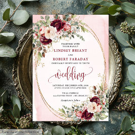 Whimsical Boho Deep Red Gold Floral Wedding Invite 招待状