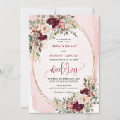 Whimsical Boho Deep Red Gold Floral Wedding Invite 招待状 (正面)