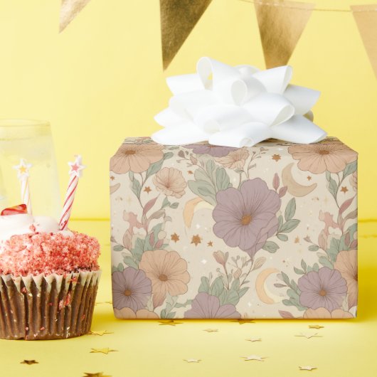 Whimsical Boho Floral & Moon Dreamscape ラッピングペーパー (誕生日パーティー)