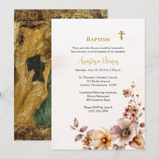 Whimsical Boho Flowers Orthodox Christian Baptism 招待状 (正面/裏面)