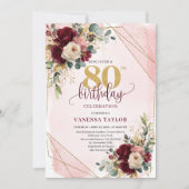 Whimsical Boho Merlot Gold Flowers 80th Birthday 招待状 (正面)