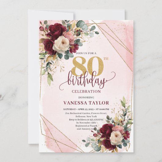 Whimsical Boho Merlot Gold Flowers 80th Birthday 招待状 (正面)
