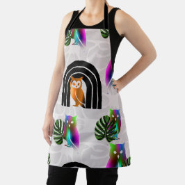 Whimsical Boho Owl & Tropical Monstera Leaf エプロン