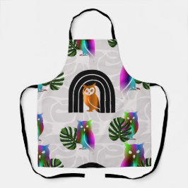 Whimsical Boho Owl & Tropical Monstera Leaf エプロン