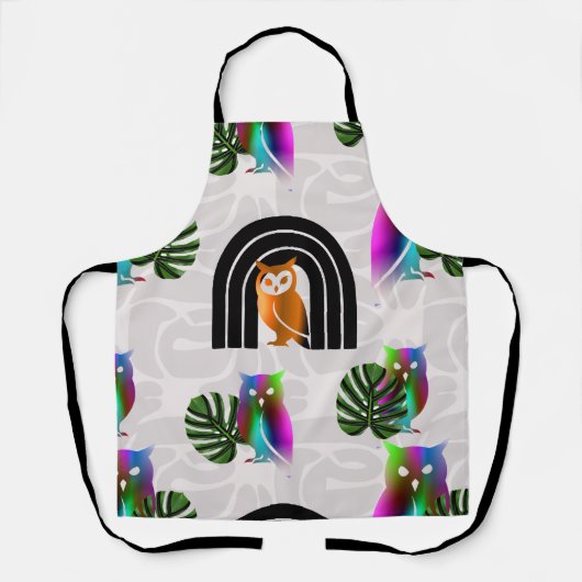 Whimsical Boho Owl & Tropical Monstera Leaf エプロン (正面)