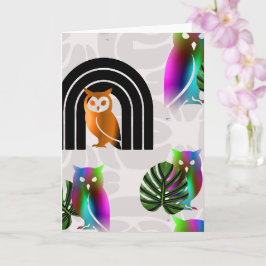 Whimsical Boho Owl & Tropical Monstera Leaf カード