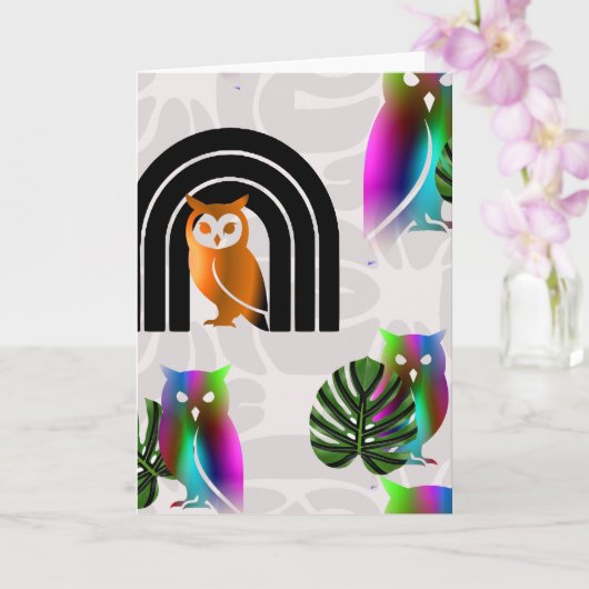 Whimsical Boho Owl & Tropical Monstera Leaf カード (蘭)
