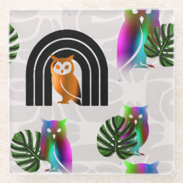 Whimsical Boho Owl & Tropical Monstera Leaf ガラスコースター