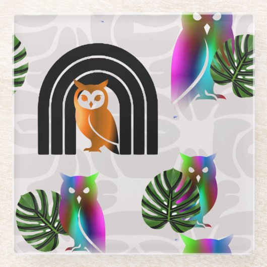 Whimsical Boho Owl & Tropical Monstera Leaf ガラスコースター (正面)
