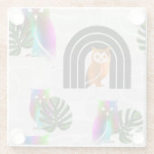 Whimsical Boho Owl & Tropical Monstera Leaf ガラスコースター (裏面)