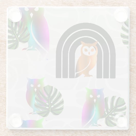 Whimsical Boho Owl & Tropical Monstera Leaf ガラスコースター (裏面)