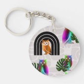 Whimsical Boho Owl & Tropical Monstera Leaf キーホルダー (正面)