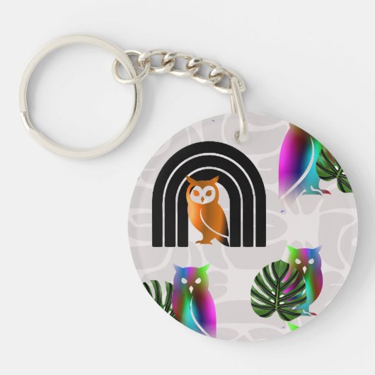 Whimsical Boho Owl & Tropical Monstera Leaf キーホルダー (正面)