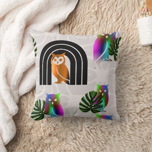 Whimsical Boho Owl & Tropical Monstera Leaf クッション (ブランケット)