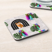 Whimsical Boho Owl & Tropical Monstera Leaf コースター (左側)