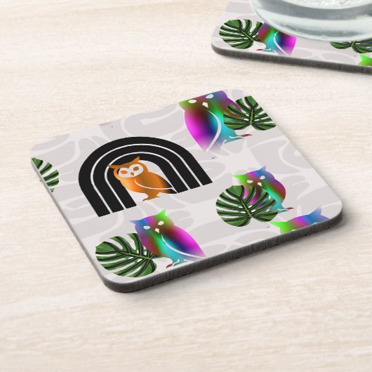 Whimsical Boho Owl & Tropical Monstera Leaf コースター (左側)