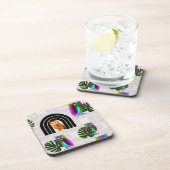 Whimsical Boho Owl & Tropical Monstera Leaf コースター (右側)