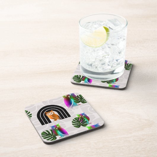 Whimsical Boho Owl & Tropical Monstera Leaf コースター (右側)