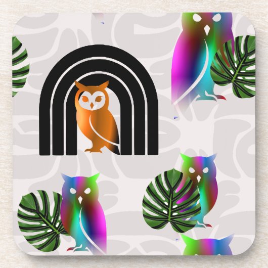 Whimsical Boho Owl & Tropical Monstera Leaf コースター (正面)
