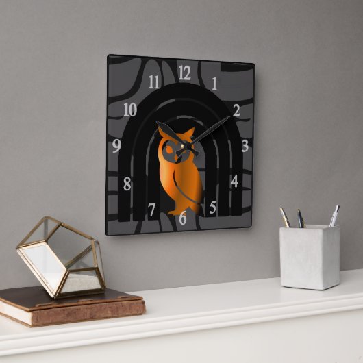 Whimsical Boho Owl & Tropical Monstera Leaf スクエア壁時計 (オフィス)