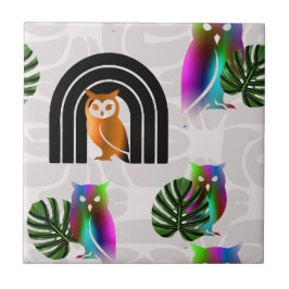 Whimsical Boho Owl & Tropical Monstera Leaf タイル
