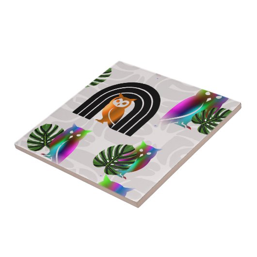 Whimsical Boho Owl & Tropical Monstera Leaf タイル (側面)