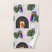 Whimsical Boho Owl & Tropical Monstera Leaf バスタオルセット (ハンドタオル)