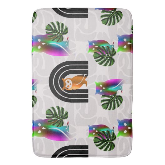 Whimsical Boho Owl & Tropical Monstera Leaf バスマット (正面縦)