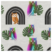 Whimsical Boho Owl & Tropical Monstera Leaf ファブリック (クローズアップ)