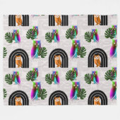 Whimsical Boho Owl & Tropical Monstera Leaf フリースブランケット (正面(横))