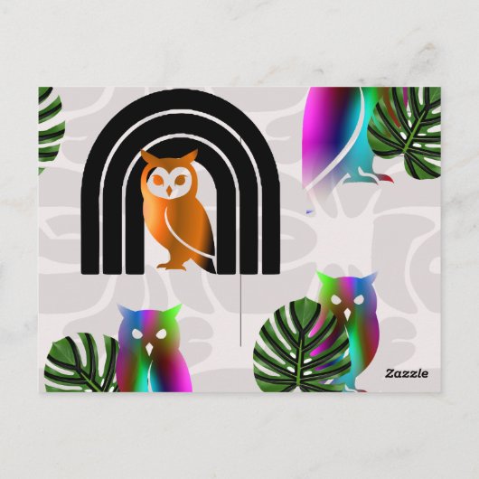 Whimsical Boho Owl & Tropical Monstera Leaf ポストカード (裏面)