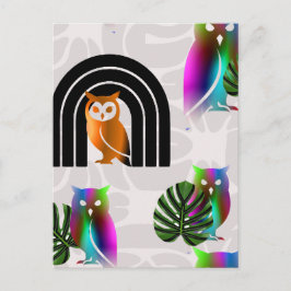 Whimsical Boho Owl & Tropical Monstera Leaf ポストカード